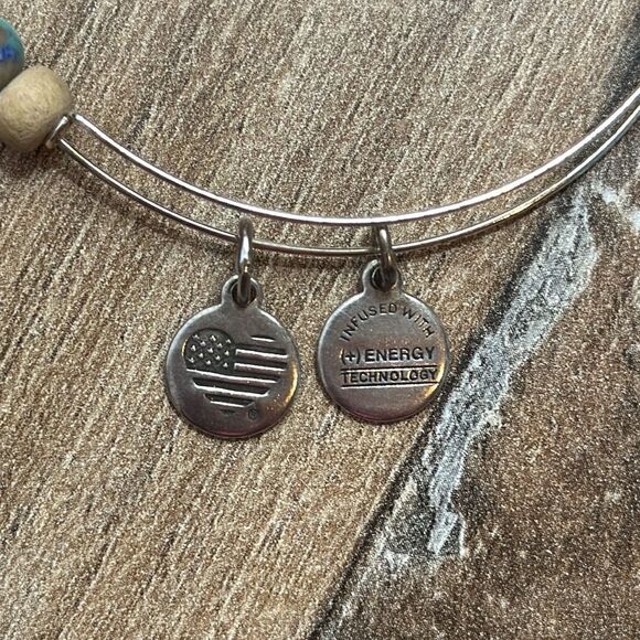 ALEX & ANI SILVER TONE BANGLE/BRACELET WITH TEAL BEADS - Picture 4 of 5